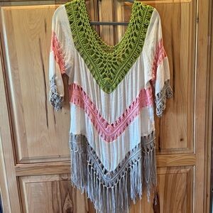 Boho Crochet Trim V-Neck Fringe Women’s Top — Cream, Pink & Green